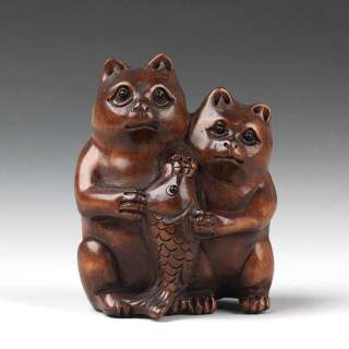 Chinese Hand Carved Boxwood Netsuke Carving Cat & Fish  