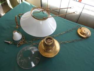 ANTIQUE 1800S ALADDIN BRASS HANGING OIL LAMP FRAME + MILK GLASS SMOKE 