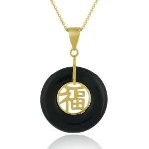   18K Gold over Sterling Silver Onyx Chinese Motif Disc Pendant: Jewelry
