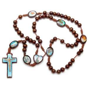 Dark Brown Wooden Bead Rosary With Seven Saint Picture Beads 6mm x 6mm 