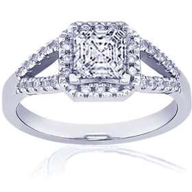  1 Ct Asscher Cut Halo Diamond Engagement Ring Pave 14K VS1 