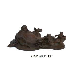  Chinese Wood Carved Happy Buddha With Kids Figure Ass654 