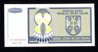 CROATIA / KRAJINA * KEY BANKNOTE 1 Million Dinara 1993 UNC *P R10a 
