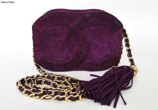 Authentic CHANEL CC Logo Chain Shoulder Pochette Bag Purple Suede 