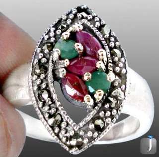sz 7 MARCASITE RED RUBY MARQUISE EMERALD 925 STERLING SILVER ARTISAN 