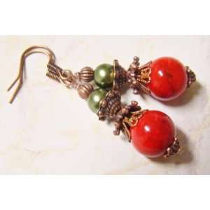  Antique Copper Red and Green Gemstone and Pearl Earrings 