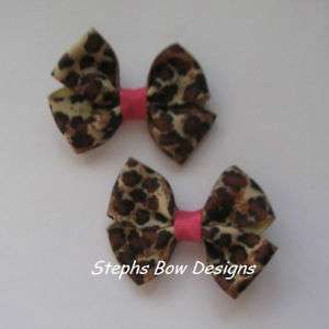 LOT 2 LEOPARD & SHOCK PINK PIGTAIL CUTE HAIR BOW SET  
