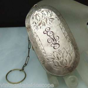 Monogrammed EMS Etched Flower Silver Plate Dance Purse Compact Finger 