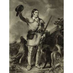 David (Davy) Crockett, holding up hat and rifle, with three dogs   16 