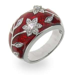 Ruby Red Enamel Ring with Vintage CZ Flower Design Size 6 (Sizes 5 6 7 