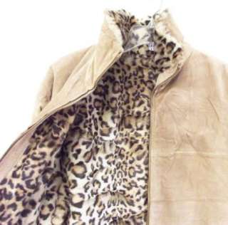 Reversible Faux Fur Leopard Print & Light Brown Leather Coat Jacket sz 
