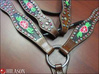 WESTERN LEATHER HAND PAINTED TOOLED HORSE HEADSTALL BREAST COLLAR 