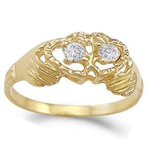 Hands Holding Two Hearts Ring CZ 14k Yellow Gold Band Cubic Zirconia 