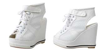 Womens Black White Strap Open Toe Sneakers Platform Wedge High Heel 