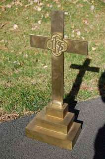 Old solid brass Altar Cross + + + IHS + + + chalice +  