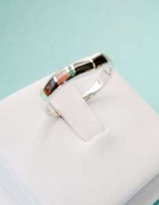Sterling Silver Tiger Eye Opal Onyx Coral Inlay Ring  