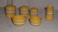 TOY YELLOWWARE BANDED CANISTERS, PITCHER AND NESTING BOWLS  