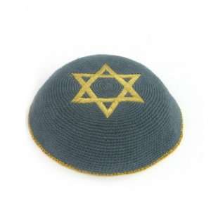  16 cm navy blue knitted kippah with gold 