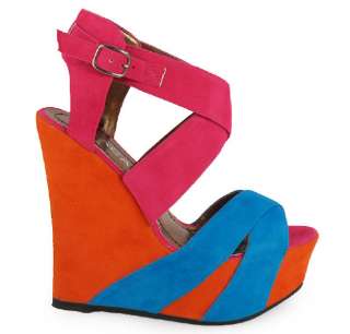 NEW LADIES WOMENS ORANGE BLUE PINK WEDGE SHOES SIZE 3 8  