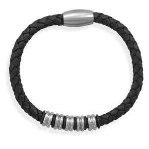   Leather Bracelet Magnetic Stainless Steel Beads 9 inches Jewelry