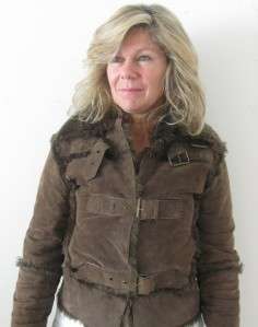 VTG 70s BROWN LEATHER AVIATOR FAUX SHEARLING FUR BUCKLE LADIES JACKET 