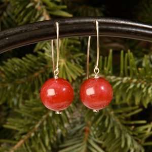   Long Drop Oval 16mm Round Dyed Red Jade Earrings Betty Rocks Jewelry