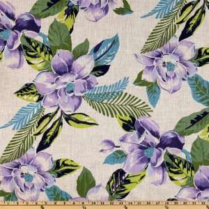 58 Wide Linen Blend Tropical Foral Natural/Purple Fabric By The Yard