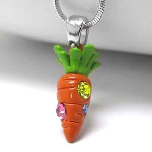   Veggies   Crystal Orange Carrot Kids Pendant 15 Snake Chain Necklace