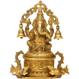 Lord Ganesha Seated on High Pedestal with Hanging Bells Aureole 