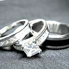 HIS AND HERS 3 PIECES MENS WOMENS 925 SILVER STEEL BLACK WEDDING 