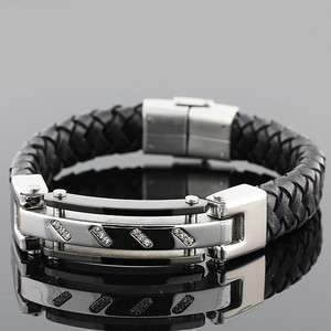  and Black Leather Silver Tone White Crystals Mens Bracelet  