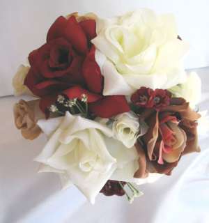 21pcs Bridal bouquet wedding flowers BURGUNDY / BROWN  