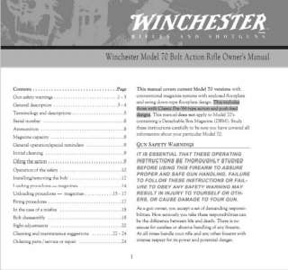 Winchester Model 70 Bolt Action Pre 64 Owners Manual  