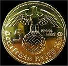 24 CARAT GOLD 5 Reichsmark 1936F Nazi Swastika coin*
