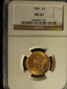 1881 $5 Gold Half Eagle NGC MS 63 Brilliant Coin  