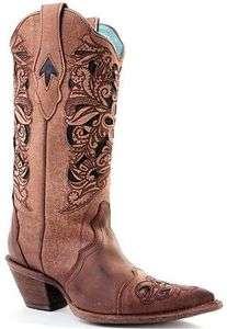 Womens Corral Brown Tooled Laser Cowboy Boots  