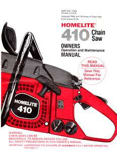 HOMELITE 410 CHAIN SAW OWNERS MANUAL & PARTS LIST  