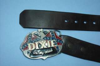   Italian Italy Leather Belt 36 Dixie Confederate Flag Buckle  