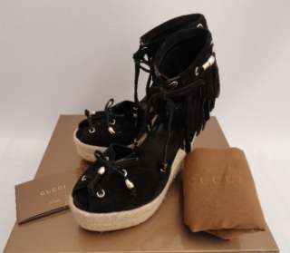 Auth GUCCi Black Leather Raffia Wedge Sandals