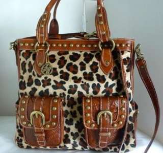 NEW AMERICAN WEST WESTERN WILD LEOPARD BROWN STUDDED CONVERTIBLE TOTE 