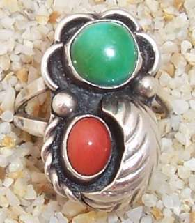 Classic Vintage Turquoise Coral Sterling Ring Size 7.25  