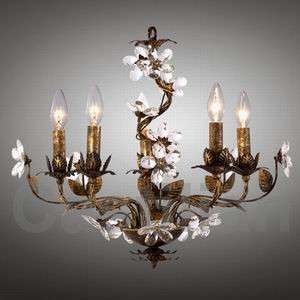 NEW METAL & GLASS CHANDELIER WITH LEAVES AND FLORAL GLASS PRISMS 