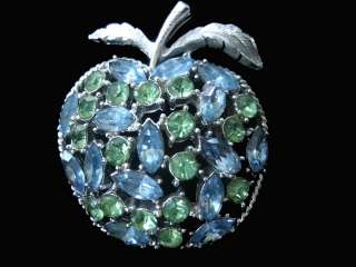   coro signed apple rhinestone pin earrings silver metal with light blue