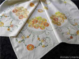 Stunning Vintage Linen Tablecloth Hand Embroidered Deco Flowers  