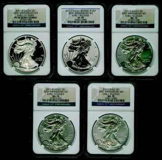 2011 25th Anniversary Silver Eagle 5 Coin Set NGC MS 70 PF 70 P Early 