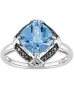 14k White Gold Blue Topaz & Black Diamond Ring  
