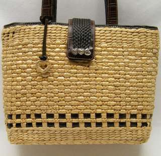 LARGE BRIGHTON WOVEN STRAW BASKET WEAVE TOTE BROWN HEART CHARM PURSE 