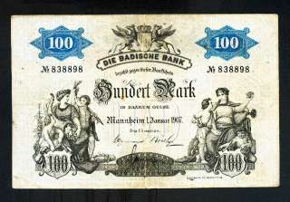 GERMANY BADISCHE BANK 100 MARK 1907 P S906a VF.  