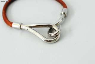 Authentic HERMES Silvertone JUMBO Hook Bracelet Brown Leather  