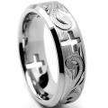 Titanium Mens Cross Cut out and Engraved Floral Design Ring (7 mm)